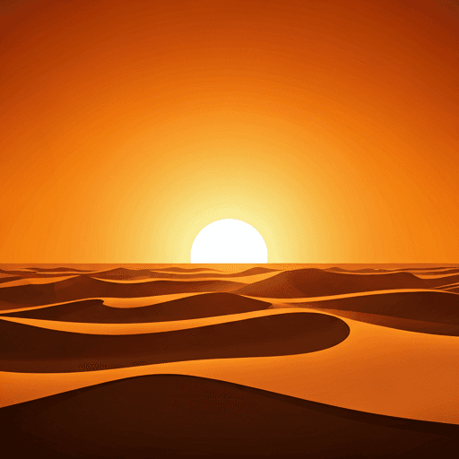 Wide cinematic shot of orange Sahara desert sand dunes at sunset with soft shadows and glowing golden hour light