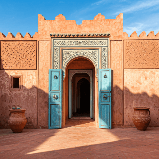 Interior of a luxury Moroccan riad with an ornate courtyard, a central pool, intricate tilework, and sunlight streaming through arches